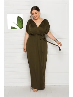 Women's Plus Size Party Dress Solid Color V Neck Short Sleeve Summer Spring Elegant Casual Prom Dress Maxi Long Dress Party Daily Dress -HANs Plus Size Style Shop qptonu1597046638622