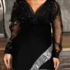 Women‘s Plus Size Curve Party Dress Solid Color V Neck Mesh Long Sleeve Spring Fall Casual Sequins Prom Dress Mini Dress Party Evening Party Dress Black Dress Sequin Dress