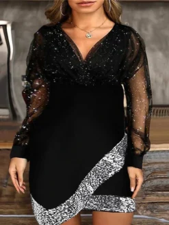 Women‘s Plus Size Curve Party Dress Solid Color V Neck Mesh Long Sleeve Spring Fall Casual Sequins Prom Dress Mini Dress Party Evening Party Dress Black Dress Sequin Dress