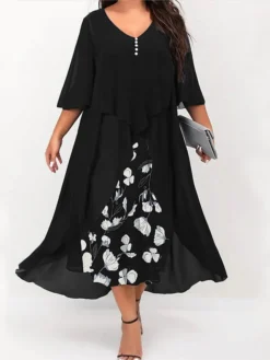 Women's Plus Size Curve Work Dress Floral V Neck Ruched 3/4 Length Sleeve Spring Summer Work Elegant Midi DressLayered Formal Vacation Dress -HANs Plus Size Style Shop qqdltc1682673814162