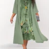 Women's Plus Size Curve Two Piece Dress Set Casual Dress Swing Dress Outdoor Daily Fashion Elegant Print Midi Dress Crew Neck 3/4 Length Sleeve Floral Light Green Blue Dark Green Fall Winter S M