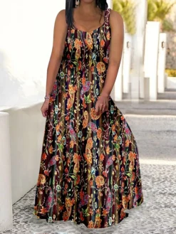Women‘s Plus Size Curve Casual Dress Swing Dress Strap Dress Graphic Floral Long Dress Maxi Dress Sleeveless Print Strap Romantic Daily Yellow Red Summer Spring L XL XXL 3XL 4XL -HANs Plus Size Style Shop qqwecd1679306618495