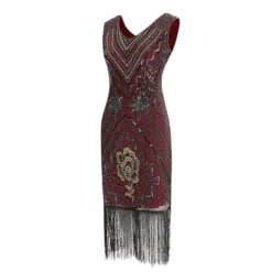 Women's Retro 1920s Fringe Dress Midi Dress Party Halloween Sequins Tassel Fringe Floral V Neck Sleeveless Regular Fit Spring Fall 2023 Black Red S M L XL -HANs Plus Size Style Shop qrklth1692849479167