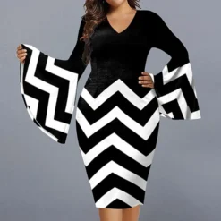 Women‘s Plus Size Curve Party Dress Geometry V Neck Split Long Sleeve Fall Winter Casual Prom Dress Knee Length Dress Casual Daily DressPrint