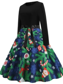 Women's Christmas Swing Dress Vintage Dress Midi Dress Green Blue Light Green Long Sleeve Santa Claus Bow Winter Fall Autumn Crew Neck Fashion Daily Date 2022 S M L XL XXL 3XL -HANs Plus Size Style Shop qskota1667894618848