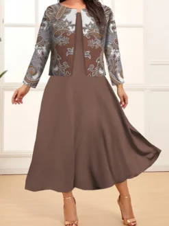 Women's Plus Size Two Piece Dress Set Casual Dress Paisley Dress Outdoor Office Fashion Streetwear Print Midi Dress Crew Neck Long Sleeve Floral Paisley Regular Fit Navy Blue Blue Fuchsia Fall Winter -HANs Plus Size Style Shop qsuxvh1693376684894