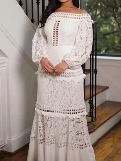 Women‘s Plus Size Curve Flattering Dresses Elegant Apple Shaped Dress Wedding Guest Party Dress Print Off Shoulder Ruffle Long Sleeve Spring Fall Prom Dress Maxi Long Dress Party Going Out Dress Lace -HANs Plus Size Style Shop qtftoq1659508710685