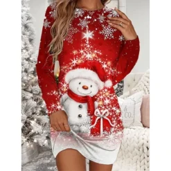 Women's Christmas T Shirt Dress Tee Dress Bodycon Mini Dress Wine White Long Sleeve Snowman Snowflake Print Winter Fall Crew Neck Vacation Casual Fall Dress Loose Fit 2022 S M L XL XXL 3XL 4XL 5XL 6XL -HANs Plus Size Style Shop qtmepc1668221219459