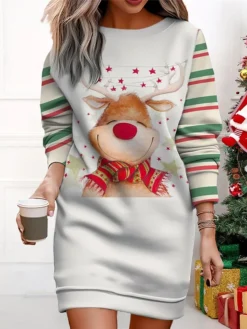 Women's Christmas Casual Dress Sweatshirt Dress Mini Dress Warm Fashion OutdoorVacation Crew Neck Print Geometric Santa ClausTree Loose Fit Black White Wine S M L XL XXL -HANs Plus Size Style Shop qtqxab1695365436261