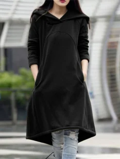 Women's Casual Dress Hoodie Dress Winter Dress Midi Dress Pocket Outdoor Street Daily Fashion Streetwear Hooded Long Sleeve 2023 Loose Fit Black Army Green Gray Color S M L XL XXL Size -HANs Plus Size Style Shop qtvdru1694510145419