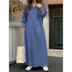 Women's Denim Dress Casual Dress Plain Dress Long Dress Maxi Dress Button Outdoor Daily Vacation Fashion Classic Shirt Collar Long Sleeve 2023 Loose Fit Blue Dark Blue Color S M L XL XXL Size