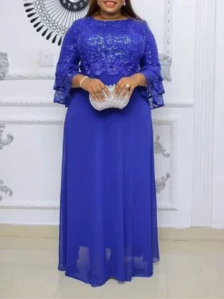 Women‘s Plus Size Curve Party Dress Lace Dress Sheath Dress Solid Color Long Dress Maxi Dress 3/4 Length Sleeve Lace Crew Neck Fashion Party Pink Blue Summer Spring L XL XXL 3XL