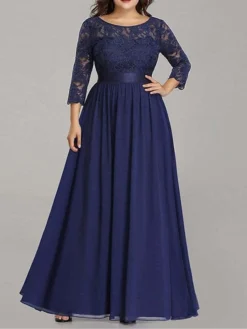 Women's Plus Size Curve Prom Dress Party Dress Lace Dress Long Dress Maxi Dress White Pink Wine 3/4 Length Sleeve Pure Color Lace Spring Fall Winter Crew Neck Fashion Birthday Evening Party -HANs Plus Size Style Shop qugtcz1692156794254