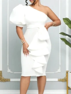 Women‘s Plus Size Curve Party Dress Solid Color One Shoulder Ruffle Short Sleeve Spring Fall Prom Dress Midi Dress Casual Daily Dress -HANs Plus Size Style Shop qunjxi1656067341077