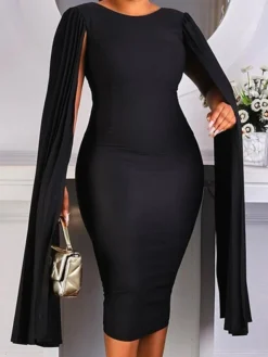 Women‘s Plus Size Curve Work Dress Solid Color Crew Neck Long Sleeve Spring Fall Work Formal Midi Dress Date Vacation Dress -HANs Plus Size Style Shop qurldi1661221675272