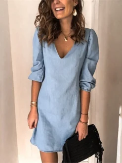 Women's Casual Dress Shift Dress Mini Dress Black Navy Blue Blue 3/4 Length Sleeve Pure Color Slim Summer Spring V Neck Basic Vacation Summer Dress Spring Dress 2023 S M L XL XXL 3XL -HANs Plus Size Style Shop qvaopx1632727827940