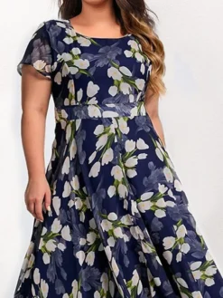 Women‘s Plus Size Curve Casual Dress Swing Dress A Line Dress Floral Long Dress Maxi Dress Short Sleeve Mesh Print Crew Neck Elegant Daily Dark Blue Summer Spring L XL XXL 3XL 4XL -HANs Plus Size Style Shop qvpyaf1675765406202