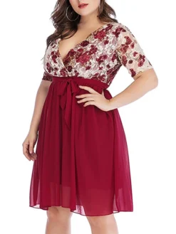 Women‘s Plus Size Curve Party Dress Cocktail Dress Wedding Guest Dress Midi Dress Black Wine Short Sleeve Floral Lace Up Summer Spring Fall V Neck Fashion Birthday Wedding Guest Vacation 2023 -HANs Plus Size Style Shop qvtmqk1691399401654