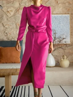 Women's Casual Dress Plain Dress Spring Dress Midi Dress Split Knot Front Work Street Daily Fashion Streetwear Crew Neck Long Sleeve 2023 Regular Fit Black Blue Green Color S M L XL Size -HANs Plus Size Style Shop qvvign1692617874214