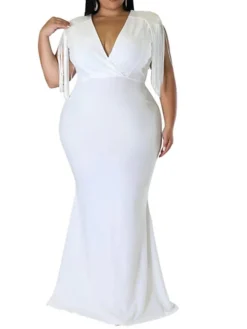 Women‘s Plus Size Curve Party Dress Solid Color V Neck Tassel Fringe Sleeveless Spring Summer Formal Maxi Long Dress Party Date Dress -HANs Plus Size Style Shop qwfqtc1659936866351