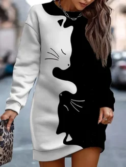 Women's Casual Dress Sweatshirt Dress Mini Dress Warm Fashion Outdoor Vacation Going Out Crew Neck Print Animal Loose Fit Black White Khaki S M L XL XXL