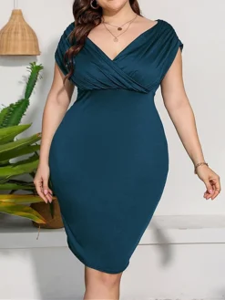 Women‘s Plus Size Curve Work Dress Sheath Dress Semi Formal Dress Fashion Midi Dress Ruched V Neck Short Sleeve Plain Regular Fit Black Red Blue Summer Spring L XL XXL 3XL 4XL -HANs Plus Size Style Shop qxqedt1691398212808