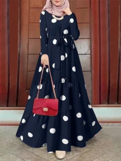 Women's Vintage Dress Kaftan Dress Polka Dot Dress Long Dress Maxi Dress Yellow Wine Navy Blue Long Sleeve Polka Dot Lace Up Spring Fall Winter Crew Neck Muslim Vacation Loose Fit 2023 S M L XL XXL -HANs Plus Size Style Shop qyaamm1670928750707