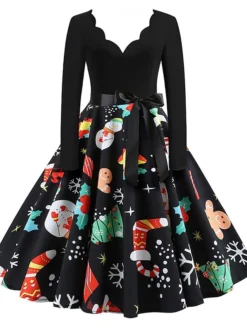 Women's Christmas Retro 1950s Vintage Dress Midi Dress Party Ruched Bow Fruit V Neck Long Sleeve Regular Fit Fall Winter 2023 Deep Green Black S M L XL -HANs Plus Size Style Shop qyaulc1695363821357