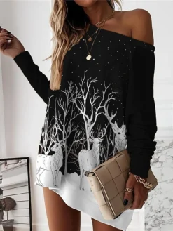 Women‘s Christmas Casual Dress Sweatshirt Dress Mini Dress Warm Fashion Outdoor Holiday Crew Neck Print Animal Tree Loose Fit Black Red Burgundy S M L XL XXL -HANs Plus Size Style Shop qycgzu1694590810482