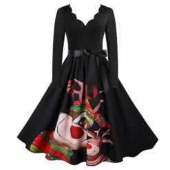 Women's Christmas Knee Length Dress Gray White Black Red Brown Long Sleeve Print Bow Print Fall Winter V Neck Casual Vintage2021 S M L XL XXL 3XL -HANs Plus Size Style Shop qyevoi1629971764360