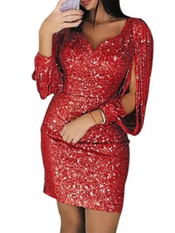 Women‘s Plus Size Curve Party Dress Solid Color V Neck Sequins Long Sleeve Fall Spring Formal Casual Sequins Short Mini Dress Casual Daily Dress Cotton Sequin Dress Homecoming Dress -HANs Plus Size Style Shop qyggke1645172204692