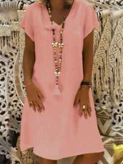 Women's Casual Dress T Shirt Dress Tee Dress Shift Dress Midi Dress Black Yellow Pink Short Sleeve Pure Color Patchwork Summer Spring V Neck Basic Vacation Summer Dress Spring Dress Loose Fit 2022 S -HANs Plus Size Style Shop qyhpfz1645508393796