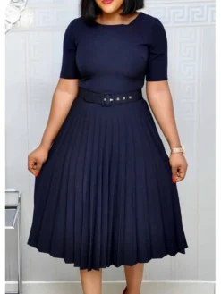 Women‘s Plus Size Curve Party Dress Solid Color Crew Neck Ruched Short Sleeve Spring Fall Work Formal Prom Dress Knee Length Dress Party Work Dress Loose Fit -HANs Plus Size Style Shop qyosap1620625706359