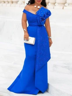 Women‘s Plus Size Curve Party Dress Sheath Dress Black Dress Solid Color Long Dress Maxi Dress Sleeveless Lace Ruffle Off Shoulder Fashion Party Yellow Red Summer Spring L XL XXL 3XL -HANs Plus Size Style Shop qysjbi1680602315024