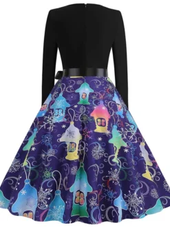 Women's Christmas Swing Dress Vintage Dress Midi Dress Green Blue Purple Long Sleeve Santa Claus Bow Winter Fall Autumn V Neck Fashion Daily Date 2022 S M L XL XXL 3XL -HANs Plus Size Style Shop qzoqvn1667894678697