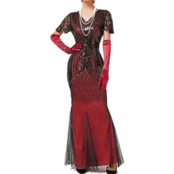 Women's Retro 1920s Sequin Dress Long Dress Maxi Dress Party Halloween Sequins Mesh Geometric V Neck Sleeveless Regular Fit Spring Fall 2023 Black Red XS S M L -HANs Plus Size Style Shop qzriym1692616096270