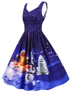 Women's Christmas Knee Length Dress Purple Black Red Navy Blue Light Blue Sleeveless Print Bow Print Fall Winter V Neck Casual Vintage2021 S M L XL XXL -HANs Plus Size Style Shop qzuggg1630043262317