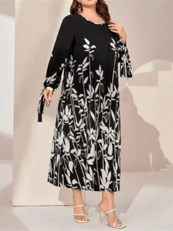 Women's Plus Size Curve Work Dress Semi Formal Dress Fashion Long Dress Maxi Dress Print Crew Neck Long Sleeve Floral Regular Fit Black Fall Winter L XL XXL 3XL 4XL -HANs Plus Size Style Shop qzwkuf1693299378981