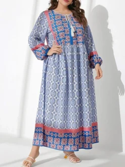 Women's Plus Size Work Dress Shift Dress Fashion Long Dress Maxi Dress Patchwork Print Off Shoulder Long Sleeve Floral Color Block Loose Fit Blue Fall L XL XXL 3XL 4XL