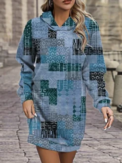 Women's Casual Dress Hoodie Dress Mini Dress Warm Fashion Outdoor Vacation Going Out Hoodie Pocket Print Geometric Regular Fit Wine Blue Khaki S M L XL XXL -HANs Plus Size Style Shop radynb1695808198775