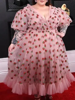 Women‘s Plus Size Curve Party Dress Swing Dress A Line Dress Strawberry Long Dress Maxi Dress Half Sleeve Mesh Patchwork V Neck Fashion Party Pink Spring Summer L XL XXL 3XL 4XL -HANs Plus Size Style Shop ragisu1676963392360