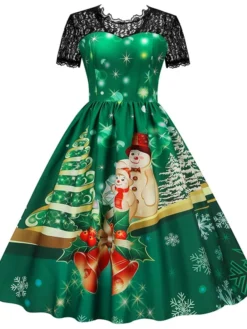 Women's Christmas Swing Dress Vintage DressKnee Length Dress Green Wine Dark Green Fuchsia Red Black Short Sleeve Santa Claus Snowman Snowflake Lace Print Fall Winter V Neck Vacation Vintage 2022 S -HANs Plus Size Style Shop rahibo1665293365313