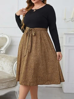 Women's Plus Size Party Dress Wedding Guest Dress Empire Waist Dresses Midi Dress Brown Long Sleeve Print Patchwork Spring Fall Winter Crew Neck Fashion Winter Dress Evening Party Wedding Guest 2023