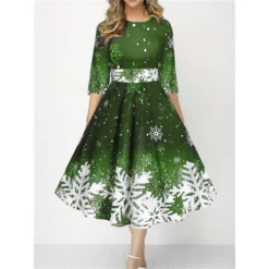 Women's Christmas Skater Dress Print DressMidi Dress Green Purple Dark Red Dark Blue Black 3/4 Length Sleeve Print Snowflake Patchwork Print Fall Winter Crew Neck Fashion Party 2022 S M L XL 2XL 3XL -HANs Plus Size Style Shop raqfwe1665489401166