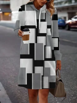 Women's Casual Dress Hoodie Dress Mini Dress Warm Fashion Outdoor Holiday Vacation V Neck Print Graphic Floral Geometric Loose Fit Black Yellow Pink S M L XL XXL -HANs Plus Size Style Shop raqrdn1693535876771