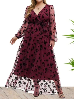 Women's Plus Size Curve Party Dress Formal Dress Burgundy Dress Floral Long Dress Maxi Dress Long Sleeve Lace Up Ruched V Neck Fashion Wedding Wine Spring Fall XL XXL 3XL 4XL 5XL -HANs Plus Size Style Shop rasxzn1693533328675