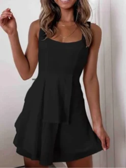 Women's Casual Dress Summer Dress Slip Dress Plain Ruffle Backless Strap Mini Dress Fashion Streetwear Outdoor Daily Sleeveless Slim Black White Summer Spring S M L XL -HANs Plus Size Style Shop ravuen1681958669867
