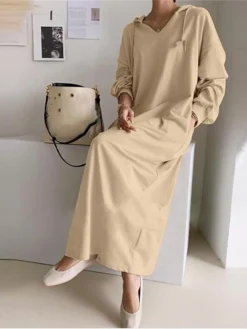 Women's Casual Dress Hoodie Dress Shift Dress Long Dress Maxi Dress Pocket Outdoor Daily Going Out Active Fashion Hooded Long Sleeve 2023 Loose Fit Black Khaki Gray Color S M L XL XXL Size -HANs Plus Size Style Shop rawdce1693222779116