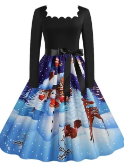 Women's Christmas Casual Dress Vintage Dress Midi Dress Black Blue Wine Long Sleeve Santa Claus Bow Winter Fall Spring Square Neck Vacation Christmas Daily Vacation 2022 S M L XL XXL 3XL