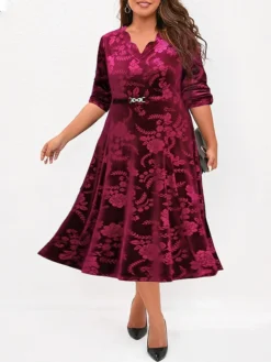 Women's Plus Size Party Dress Velvet Dress Cocktail Dress Midi Dress Wine Blue Purple Long Sleeve Floral Jacquard Spring Fall Winter Split Neck Fashion Winter Dress Wedding Guest Vacation 2023 XL XXL